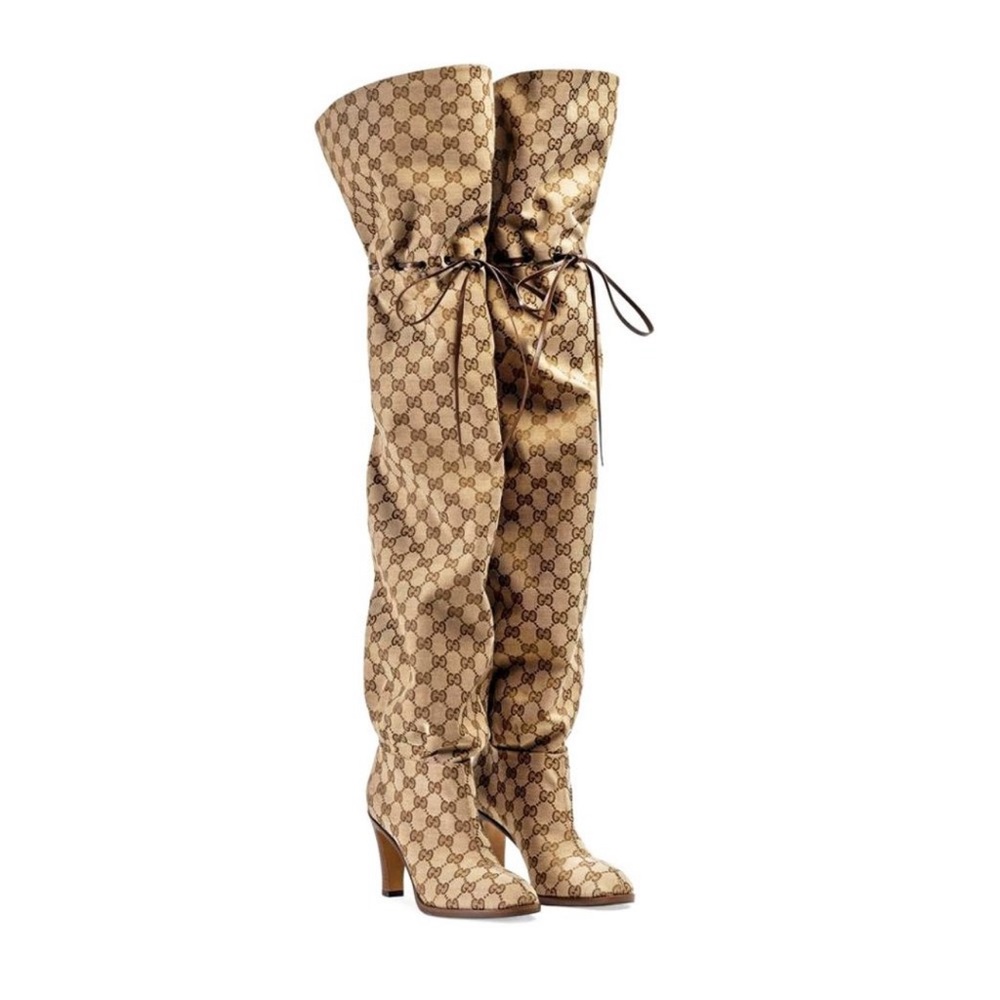 Gucci Beige GG Monogram Over-the-Knee Tie Boots